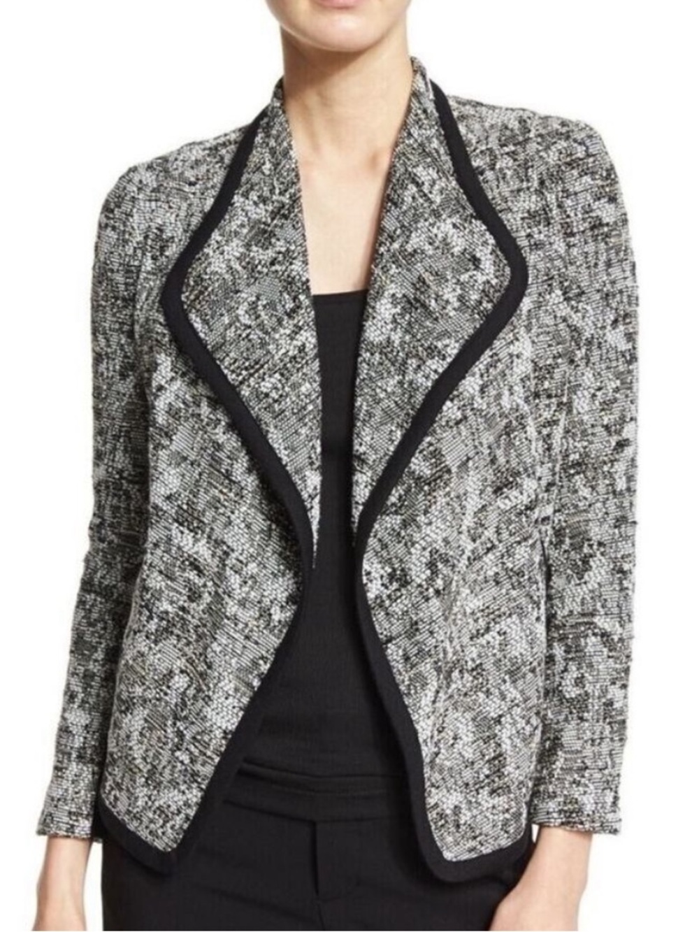 VINCE TWEED BOUCLE DRAPE OPEN FRONT BLACK, WHITE AND CREAM JACKET SZ 6